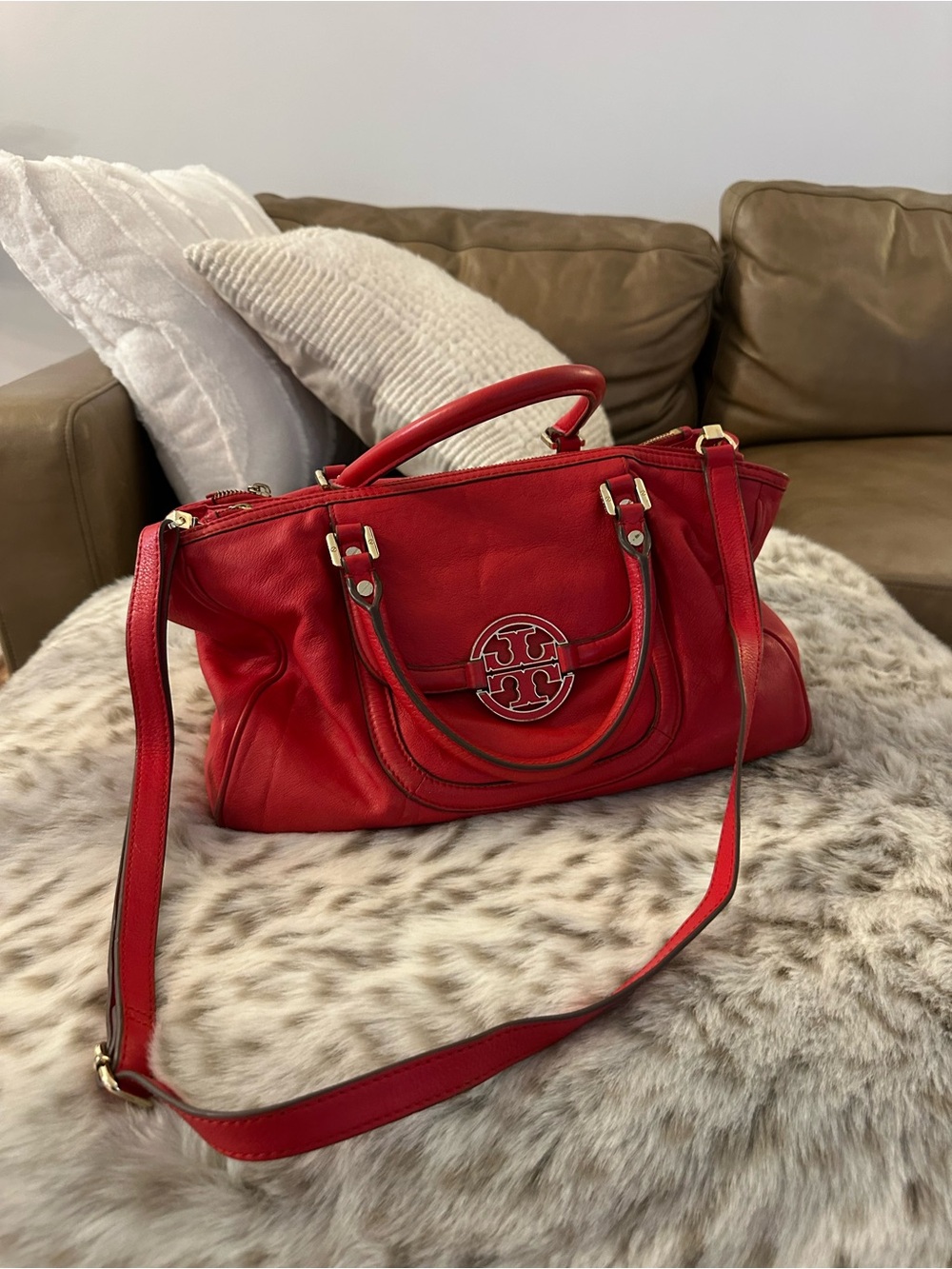 Tory Burch Red Leather Shoulder Satchel with Logo Medallion